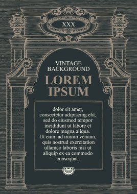 Klasik bina cephesi şeklinde bir diploma veya sertifika için vektör arkaplan veya çerçeve. Siyah arkaplanda eski bir mimari yapının detaylı çizimiyle klasik çizim