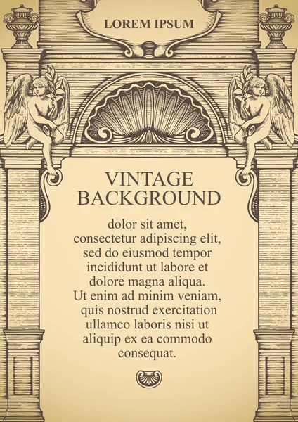 古典的な建物のファサードの形で証明書や卒業証書のためのヴィンテージ背景やフレーム 貝殻や天使との古代建築構造の図面とベクトルイラスト — ストックベクタ