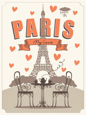 Eyfel Kulesi 'nin arka planında iki kişilik masa ve sandalyeli Paris sokak kafesi için vektör pankartı veya menü. Fransız manzaralı ve kalpli romantik karikatür çizimi