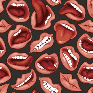 Farklı duyguları olan kadın dudaklarıyla kusursuz bir şekil. Öpücüklü seksi ağız, gülümseme, dil ve dişler siyah arka planda. Pembe dudak koleksiyonu. Duvar kağıdı, ambalaj kağıdı, kumaş