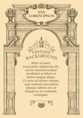 Diploma veya sertifika için vektör arkaplan veya çerçeve eski bir bina cephesi şeklinde. Mimari bir yapıya sahip el çizimi illüstrasyon ve klasik stil metinler için yer