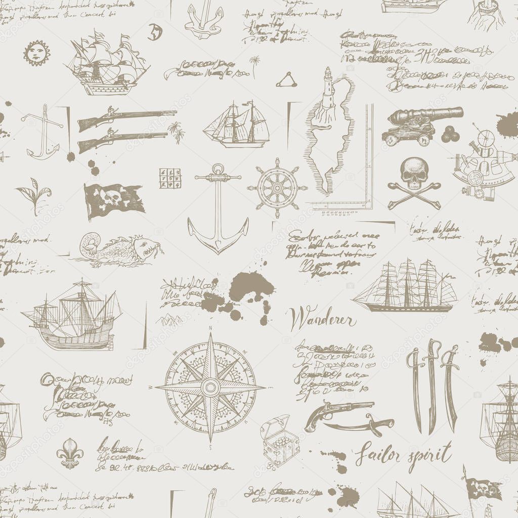 Vector abstract seamless pattern on the theme of pirate adventures with sketches and illegible notes. Vintage background with skull, crossbones, flag, swords, guns, caravels and other nautical symbols