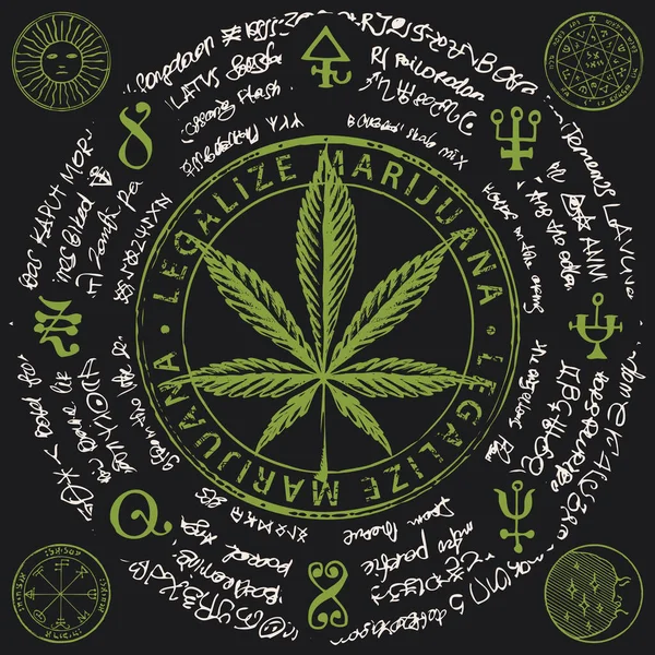 大麻の葉 魔法のシンボル 黒い背景に判読できない碑文でマリファナを合法化するためのベクトルバナー 有機麻から作られた天然物 雑草の喫煙 — ストックベクタ