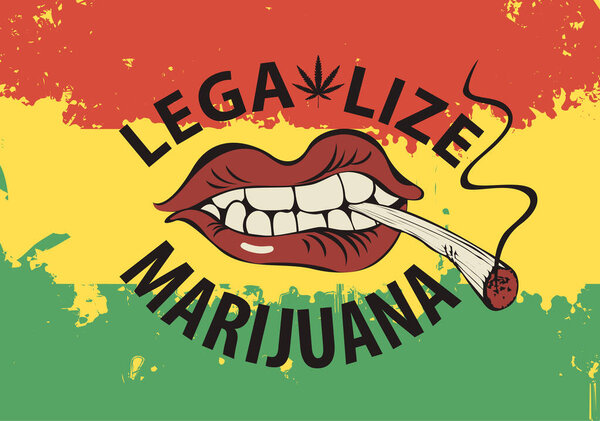 Vector banner with words Legalize marijuana with a human mouth with a cigarette or a spliff in his teeth on the background of rastafarian flag. Drug consumption. Smoking weed