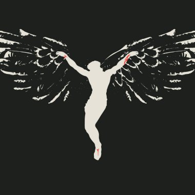 Paskalya ve Kutsal Cuma teması üzerine vektör illüstrasyon. Kara arka planda kanatları olan çarmıha gerilmiş İsa Mesih 'in silueti ile soyut dini pankart. Katolik ve Hıristiyan sembolü