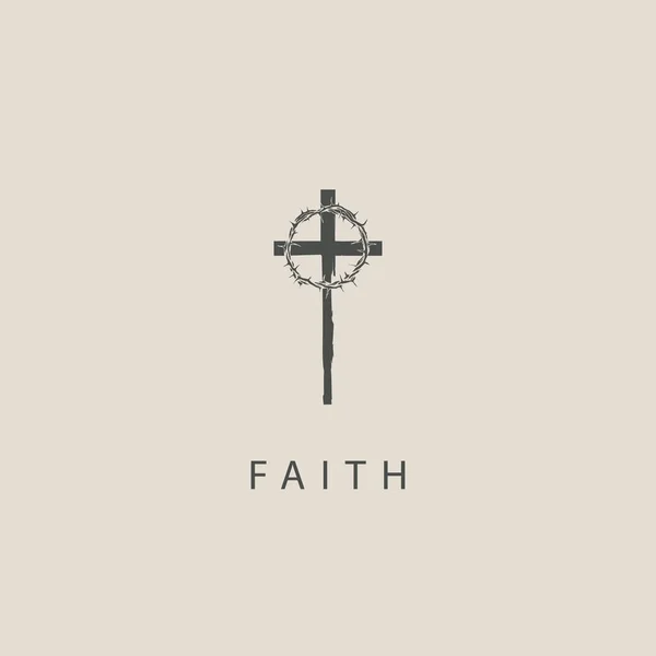Vector Religious Illustration Banner Cross Crown Thorns Word Faith Catholic — Stock Vector