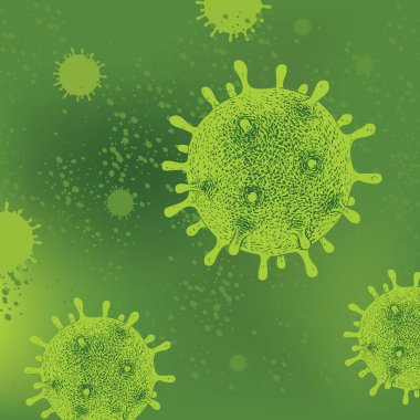Yeşil arka planda Coronavirus 'un virüs hücrelerinin olduğu taşıyıcı pankart. COVID-19 Virion. Romantik koronavirüs salgını. Covid 'in önlenmesi. Küresel salgın alarmı. Bilim ve tıbbi kullanım için illüstrasyon