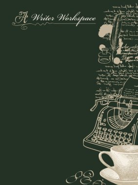 Vector banner on a writers theme with sketches and place for text on black background. Writer workspace. Hand-drawn illustration with cup, typewriter, inkwell, feather and illegible handwritten notes clipart