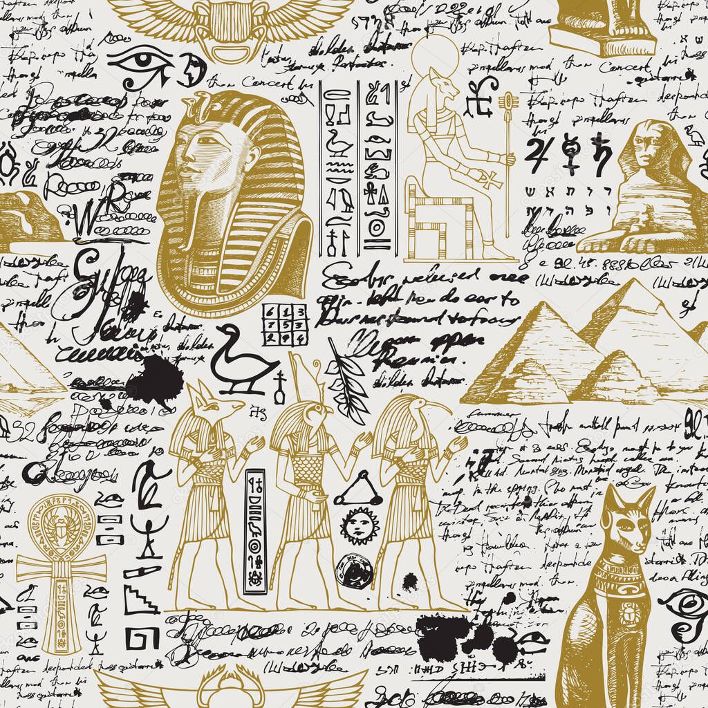 Vector seamless pattern on the Ancient Egypt theme with unreadable notes, hieroglyphs and sketches in retro style. Suitable for wallpaper, wrapping paper, fabric, background.