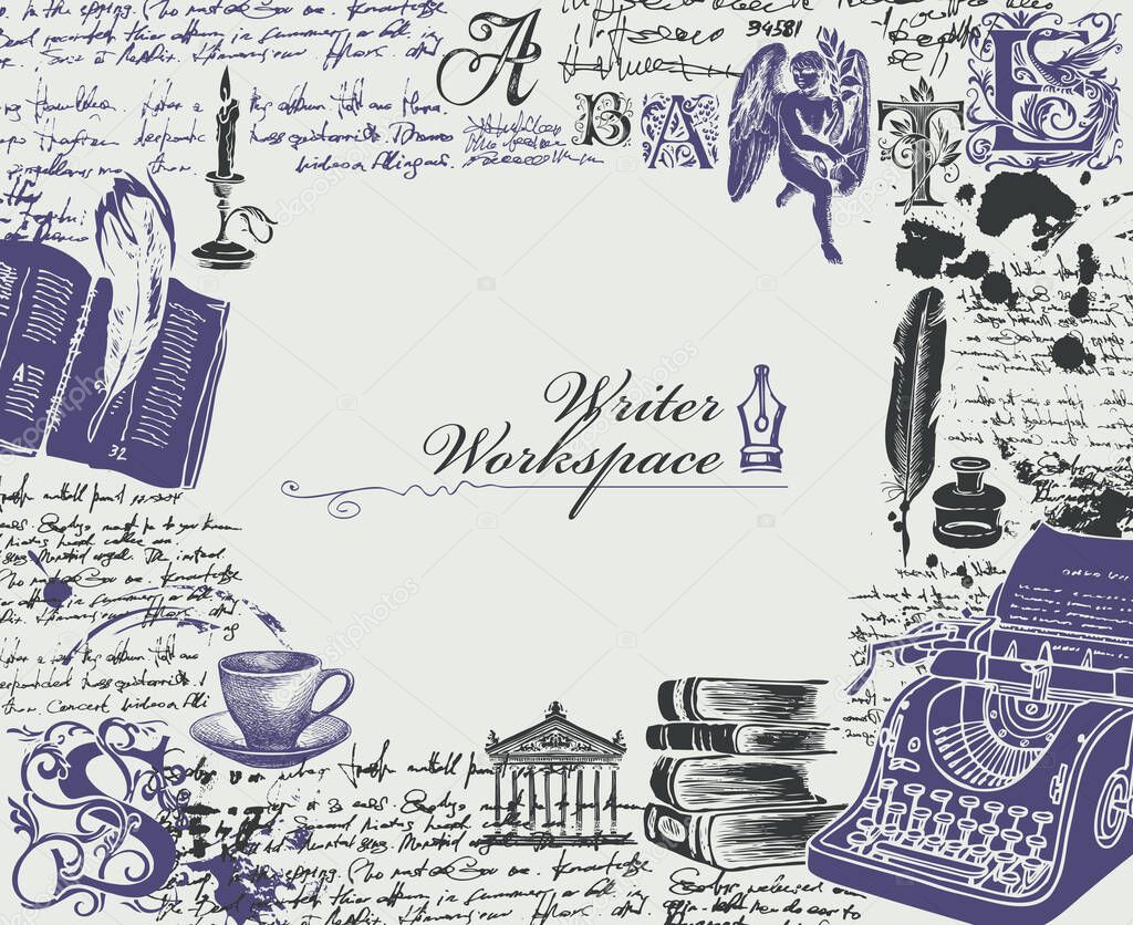 Vector banner on a writers theme in vintage style. Writer workspace with sketches and place for text. Artistic illustration with hand-drawn typewriter, books, angel and handwritten notes with spots.