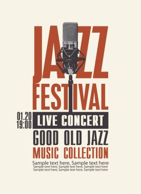 Caz festivali için vektör posteri ya da mikrofonlu canlı müzik konseri ve retro tarzı metinler için bir yer. Eski caz, müzik koleksiyonu. El ilanları, davetiyeler, afişler, reklamlar için uygun.