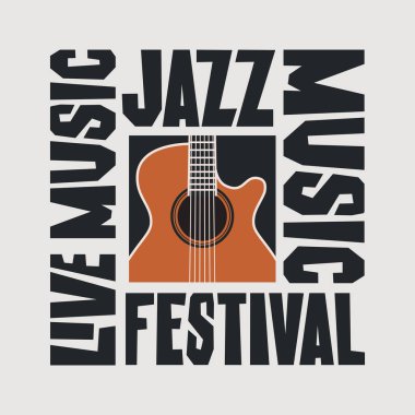 Gitarlı ve dekoratif harfli canlı müzik festivali için vektör posteri. Broşür, davetiye, afiş, kapak, simge, logo, reklam, tasarım ögesi için elverişli
