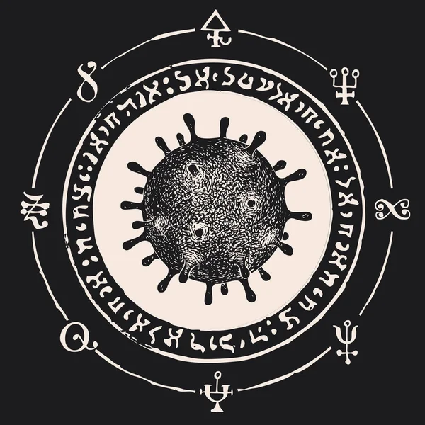 Bandiera Vettoriale Con Cellula Virale Disegnata Mano Rune Magiche Mandala — Vettoriale Stock