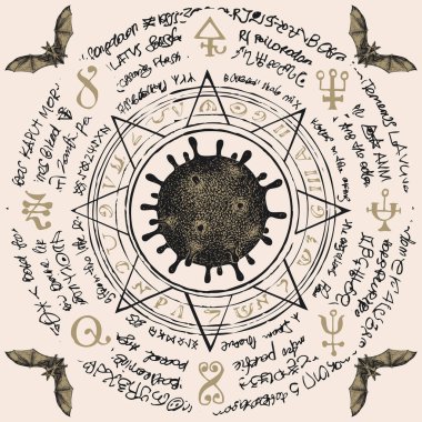 Covid-19 'un tehlikeli virionu ile retro stili elle çizilmiş mandala. Viral hücreli koronavirüs temalı mistik vektör bayrağı, yarasalar, sihirli semboller ve rünler
