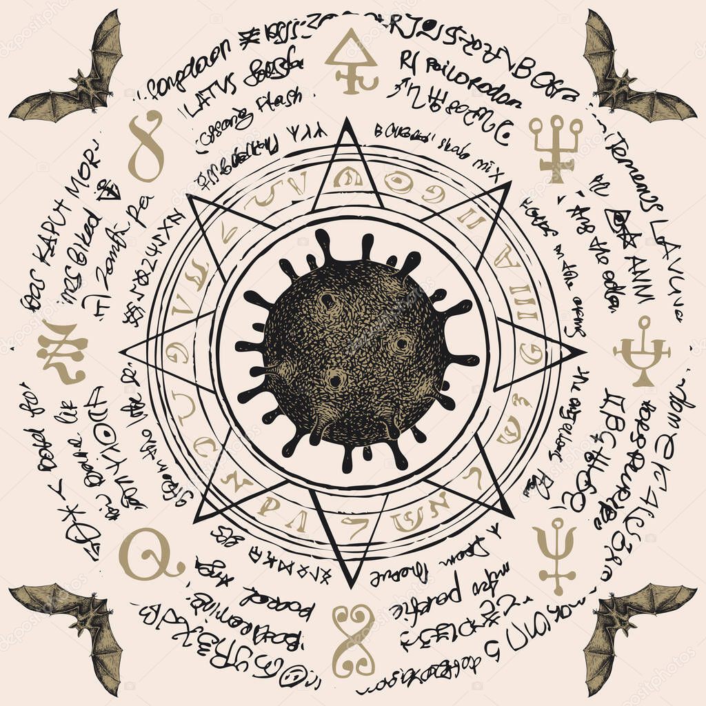 Hand-drawn mandala in retro style with hazardous virion of Covid-19. Mystic vector banner on the theme of coronavirus with viral cell, scare bats, magic symbols and runes