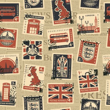 İngiltere ve Londra 'da posta pulları ve gazete arka planında retro tarzında posta damgaları olan vektörsüz desen. Duvar kağıdı, ambalaj kağıdı veya kumaş için uygun