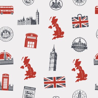 İngiltere ve Londra 'da İngiliz sembolleri, mimari simgeleri ve İngiltere bayrağının retro tarzında işaretlendiği kusursuz bir şablon. Duvar kağıdı, ambalaj kağıdı, kumaş ve tekstil için uygun.
