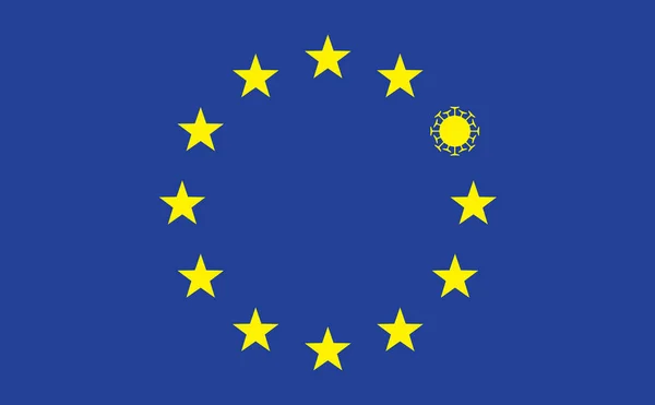Kék Uniós Zászló Kórokozó Átvivő Ábrázolása Egy Covid Vírussejttel Banner — Stock Vector