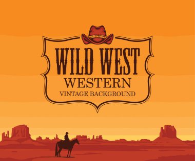 Vector banner on the theme of the Wild West with cowboy hat and emblem. Decorative landscape with American prairies and a silhouette of a cowboy on a horse at sunset. A lone rider in the desert clipart