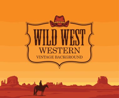 Vector banner on the theme of the Wild West with cowboy hat and emblem. Decorative landscape with American prairies and a silhouette of a cowboy on a horse at sunset. A lone rider in the desert clipart