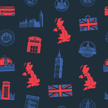 İngiltere ve Londra temasında İngiliz sembolleri, mimari simgeler ve Büyük Britanya bayrağı ile koyu bir arkaplan üzerinde taşıyıcı desen. Duvar kağıdı, ambalaj kağıdı, kumaş için uygun.