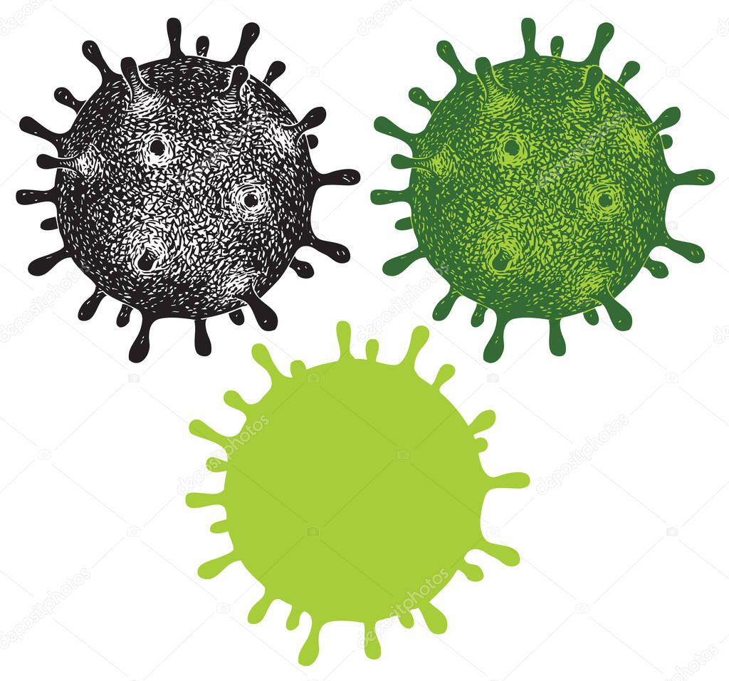 Set of vector hand-drawn virus cells of Coronavirus. COVID-19 virion. Coronavirus outbreak. Prevention of deadly covid. Global pandemic alert. Isolated vector illustrations for science and medical use