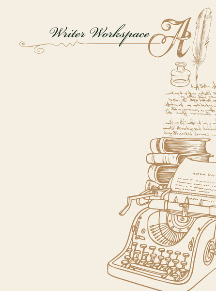 Vector banner on a writers theme with sketches and place for text. Writer workspace. Vintage illustration with hand-drawn typewriter, books, inkwell, feather and unreadable handwritten notes