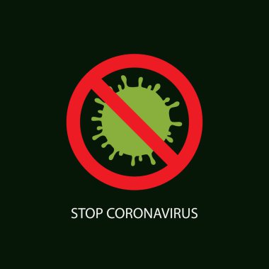 Yeşil virüs hücresi ve kırmızı yasak işareti olan vektör simgesi. Enfeksiyon yok ve COVID-19 kavramını durdur. Küresel Coronavirus salgını alarmı. Tehlikeli 2019-nCoV Bakteri