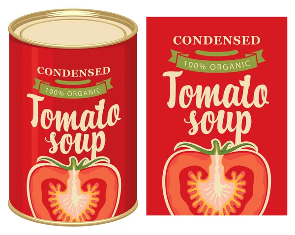 Banner Vetorial Para Sopa Tomate Condensado Ilustração Rótulo Com Imagem — Vetor de Stock