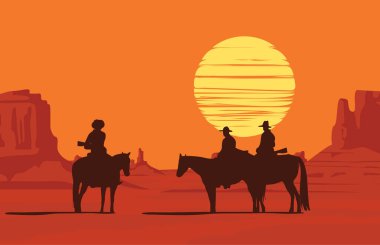 Vector landscape with American prairies and silhouettes of armed cowboys riding horses at sunset or sunrise. Decorative illustration on the theme of the Wild West. Western vintage background clipart