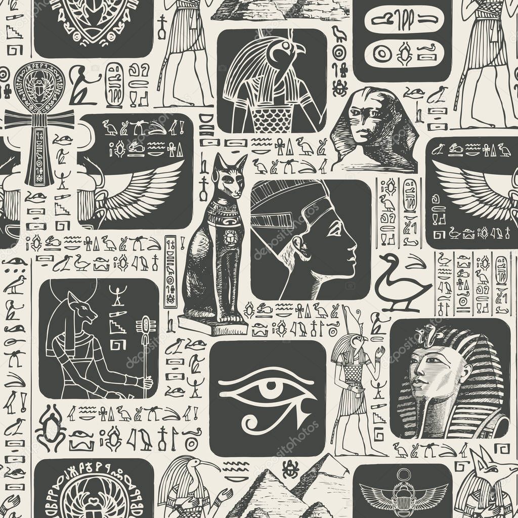 Vector seamless pattern with hieroglyphs and illustrations on the theme of Ancient Egypt. The Egyptian symbols and mascots. Suitable for wallpaper, wrapping paper, fabric, background in retro style