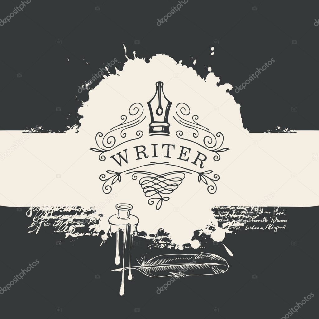 Vector banner with vignette or logo for writer on the background of abstract spots in retro style. Artistic black and white illustration with nib, curlicues, feather, blots and splashes.