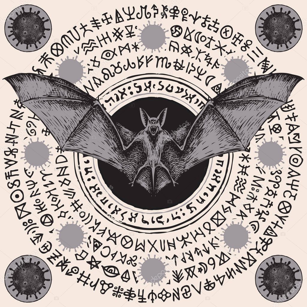 Vector hand-drawn banner with scare bat, coronavirus cells and runes. A magic mandala or amulet with dangerous COVID-19 virions and doodles that imitate magic symbols but do not give information