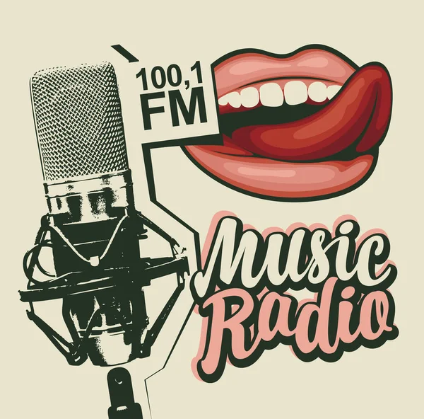 Vector Banner Voor Muziek Radiostation Met Microfoon Sexy Meisjes Lippen — Stockvector