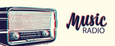 Eski bir radyo alıcısı ve yazılı müzik radyosu olan radyo istasyonu için vektör pankartı. Radyo yayın afişi. Reklam, afiş, poster, broşür için uygun