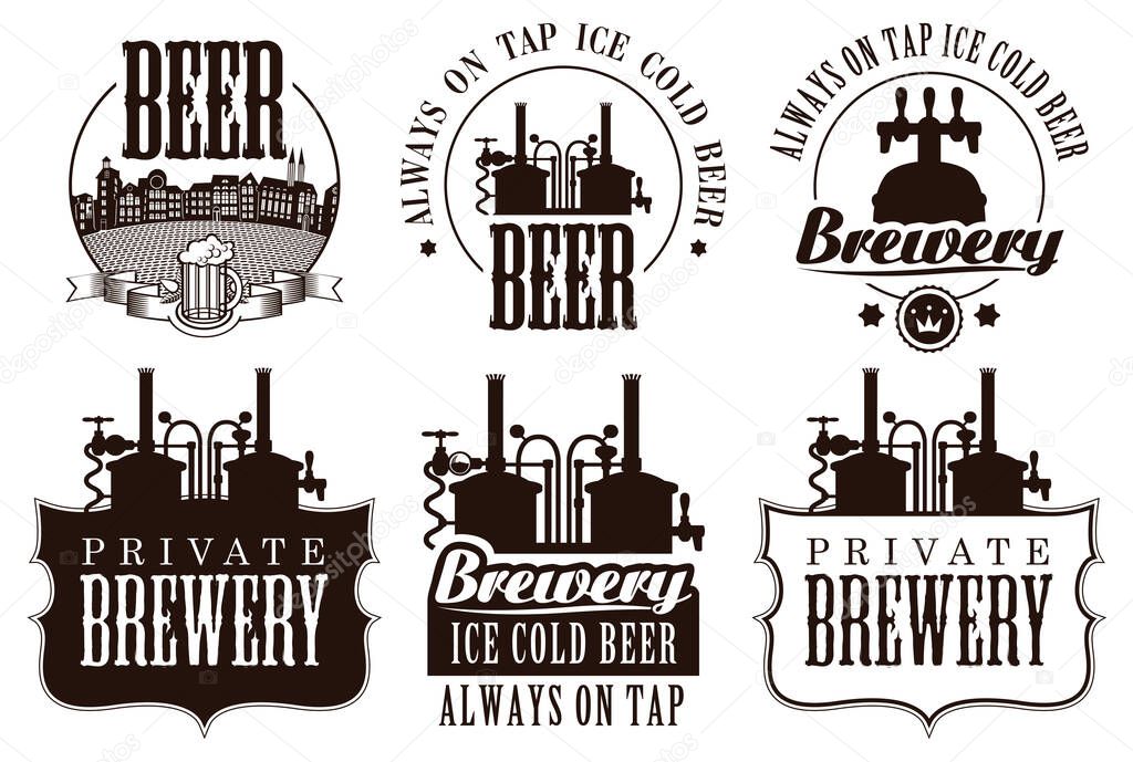 Set of vector logos, badges, labels and design element on the theme of beer and brewery. Vintage craft beer emblems, templates, symbols with beer equipment in monochrome style