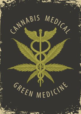Tıbbi marihuana için vektör pankartı. Kenevir yaprağı, Caduceus ve eski tarz kaligrafik yazıtlar. Tıbbi kenevir. Ot iç. Organik kenevirin doğal ürünü.