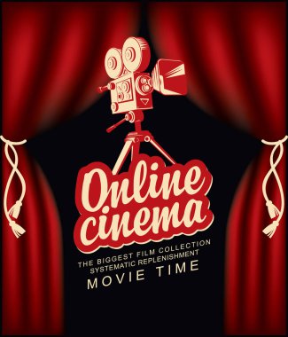 Kırmızı perdeli ve eski film projektörlü çevrimiçi sinema afişi. Çevrimiçi sinema kavramı. Evdeki sinema, en büyük film koleksiyonu.