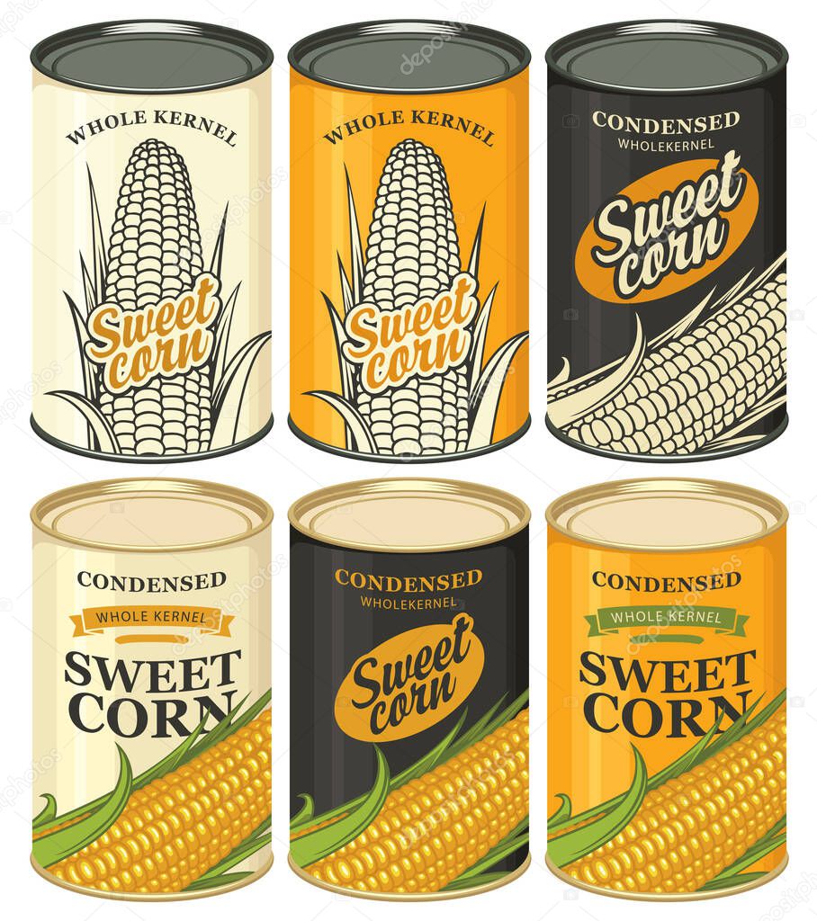 Vector set of tin cans with various labels for sweet corn. Samples of label design. Canned food during the quarantine, long-term storage product