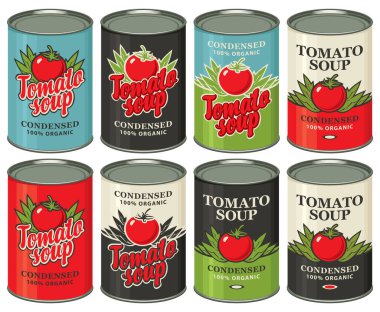 Yoğunlaştırılmış domates çorbası için çeşitli etiketli teneke kutu seti. Etiket tasarımı örnekleri. Karantina süresince konserve yiyecekler, uzun vadeli depolama ürünleri