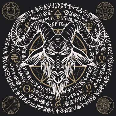 Boynuzlu keçi kafası, pentagram, okült ve cadılık işaretleri olan vektör çizimi. Satanizmin sembolü Baphomet ve sihirli rünler siyah arka planda bir daire şeklinde yazılmış.