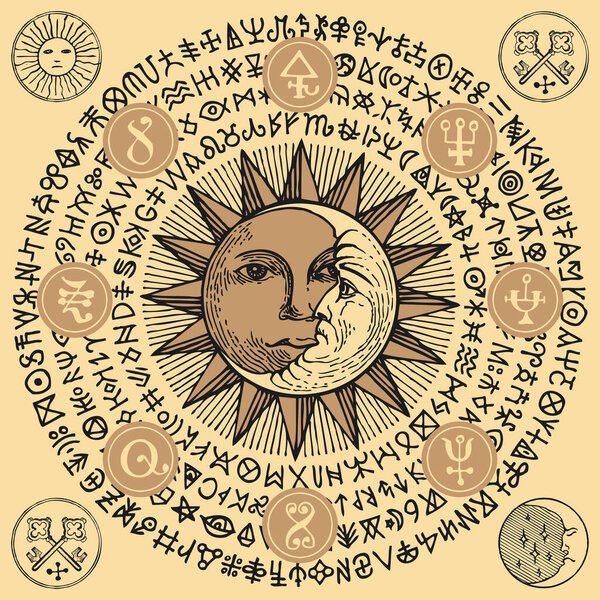 Vector illustration with Sun, crescent Moon and alchemical symbols in retro style on the beige background. Hand-drawn banner with esoteric signs and magic runes written in a circle