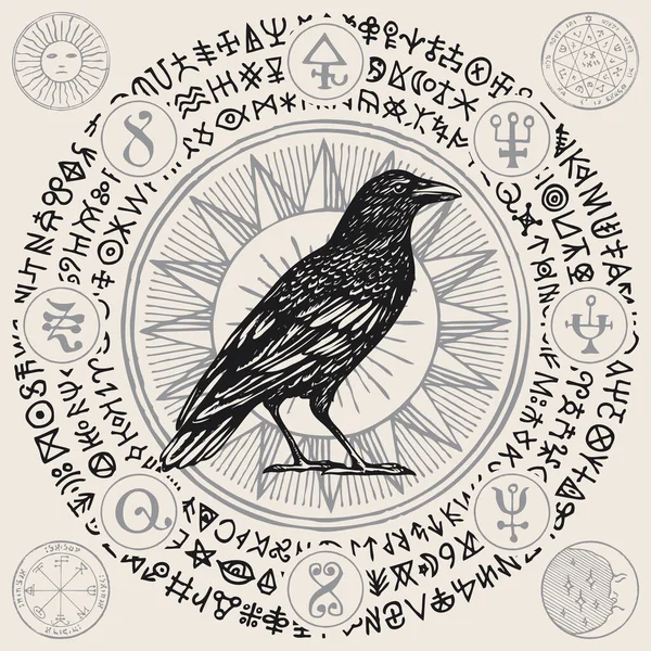 Vector Illustration Wise Black Raven Magic Crow Retro Style Hand — Stock Vector