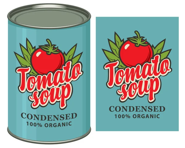 凝縮トマトスープ用ベクトルバナー 赤いトマト 緑の葉 このラベルの缶でラベルデザイン 検疫中の長期保管物 — ストックベクタ