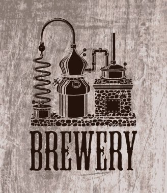 Bira fabrikası için yazıtlı vektör pankartı ve ahşap arka planda eski demleme ekipmanları. El sanatları bira üretiminin retro tarzında dekoratif çizimi