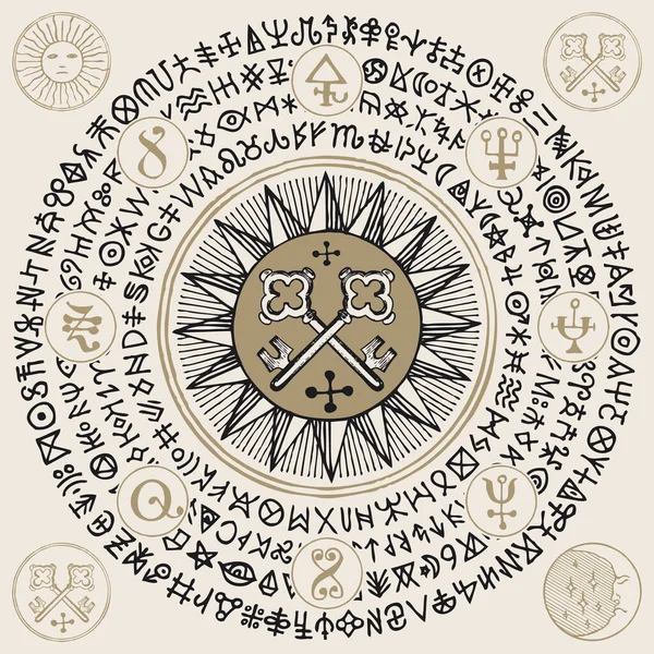矢量插图用古老的交叉键和复古风格的炼金术符号 手绘横幅 有深奥的符号 神秘的属性和圆圈中的魔法符咒 — 图库矢量图片