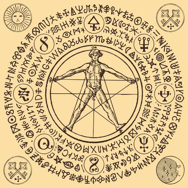 Vector Illustration Human Figure Vitruvian Man Leonardo Vinci Alchemical Symbols — Stock Vector