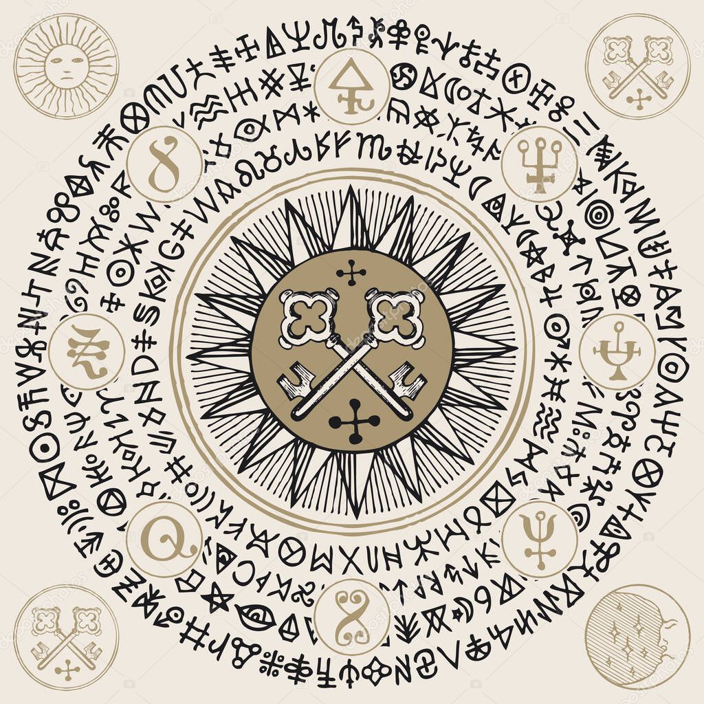 Vector illustration with old crossed keys and alchemical symbols in retro style. Hand-drawn banner with esoteric signs, occult attributes and magic runes written in a circle