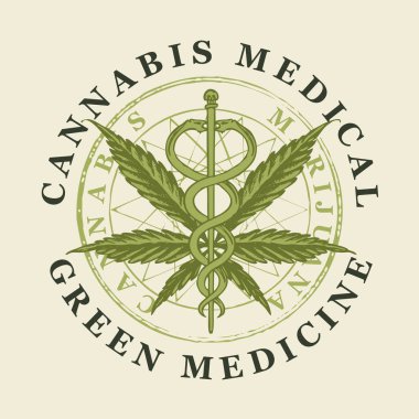 Tıbbi marihuana için taşıyıcı pankart. Yuvarlak bir amblem, el yapımı kenevir yaprağı ve iki yılanlı bir caduceus. Tıbbi kenevir. Yeşil ilaç. Organik kenevirden yapılan doğal bir ürün. Ot içiyorum.
