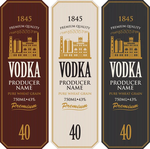 Vodka Címkék Szeszfőzde Épületének Képével Dekoratív Vektor Címkék Vodka Retro — Stock Vector